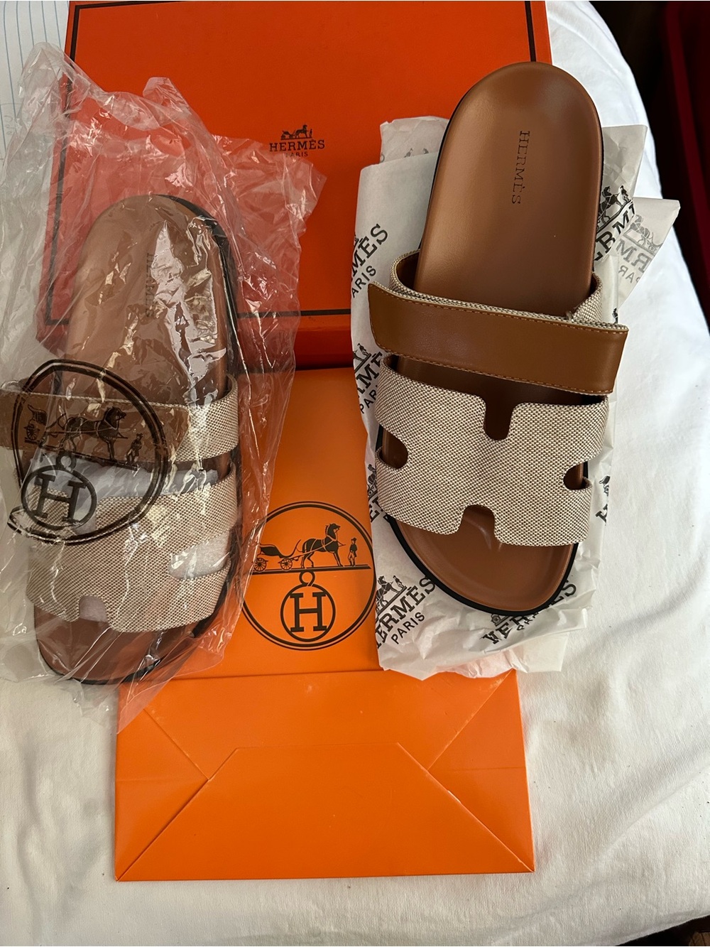 Hermes Brown/Tan Oran Canvas Slide Sandals